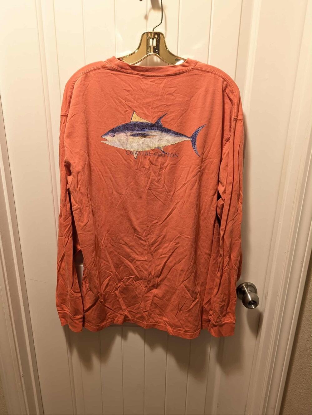 Coastal Cotton Men's Original Tuna Fish Long Sleeve T-Shirt Coral Size L